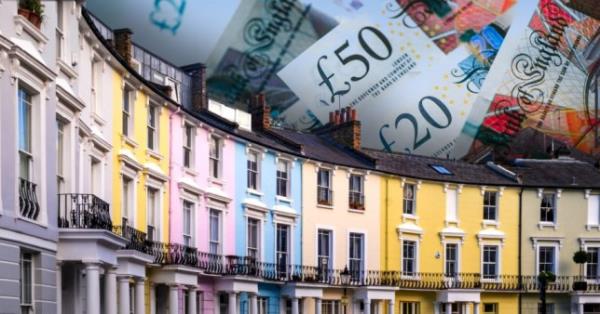 A composite image of a row of colourful terraced houses with pound sterling bank notes in the top background.