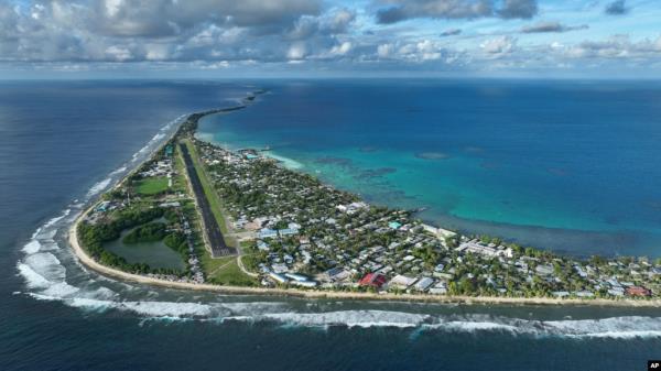 FILE - Tuvalu, shown in this undated photo, is among Pacific atoll islands threatened with rising sea levels, according to a World Bank study released on Nov. 14, 2024. (Rising Nations Initiative via AP)