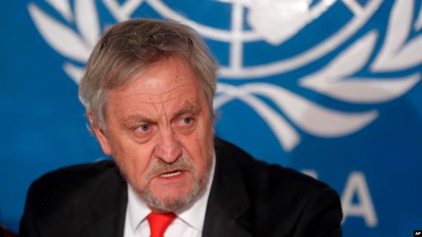 FILE - Nicholas Haysom, speaks during a press co<em></em>nference in Kabul, Afghanistan on Feb. 18, 2015. Haysom, who now heads the United Nations Mission in South Sudan, said leaders in South Sudan need to show tangible evidence that they will hold democratic elections in the country.