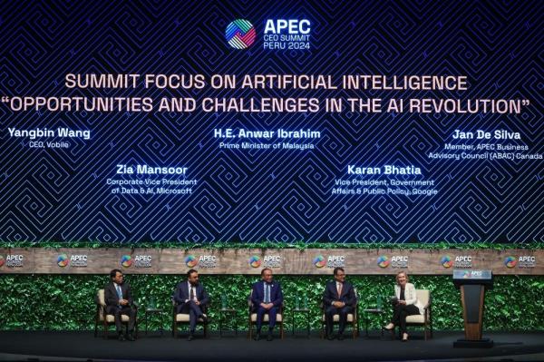 Prime Minister Datuk Seri Anwar Ibrahim (centre) speaks at the APEC CEO Summit in a session titled 