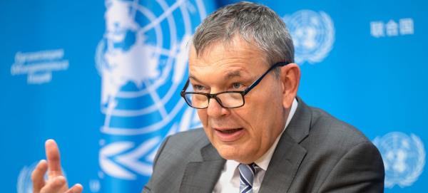 Philippe Lazzarini, Commissioner-General of UNRWA, briefs journalists at the UN Headquarters, in New York.