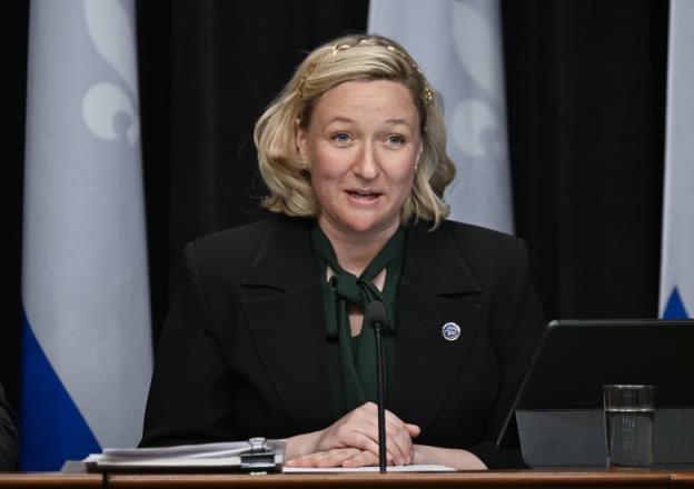 Woman seated in front of Quebec flags 