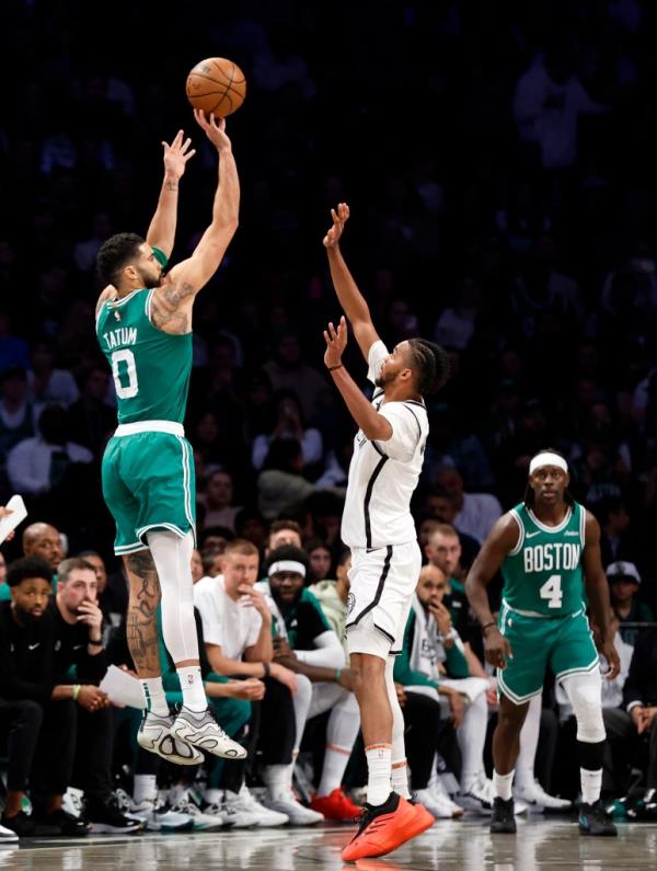 Jaylen Brown #7 of the Boston Celtics reacts after a made basket against the Brooklyn Nets during the second quarter at Barclays Center on November 13, 2024 in the Brooklyn borough of New York City. 