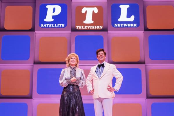 Katie Brayben and Christian Borle in front of blue and orange panels 