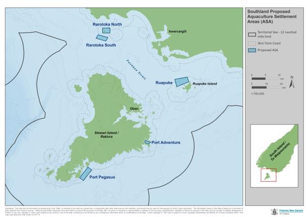 A map of the Southland’s Aquaculture Settlement Areas.