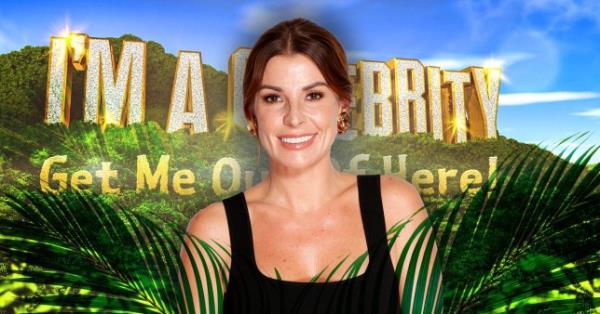 Coleen Roo<em></em>ney in a black vest and hair tied back, smiling - her image is super imposed on the 'I'm a Celeb' backdro<em></em>p and logo