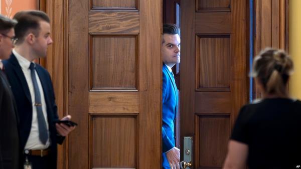 President-elect Do<em></em>nald Trump's nominee to be attorney general, Matt Gaetz, closes a door to a private meeting at the Capitol in Washington, Nov. 20, 2024.