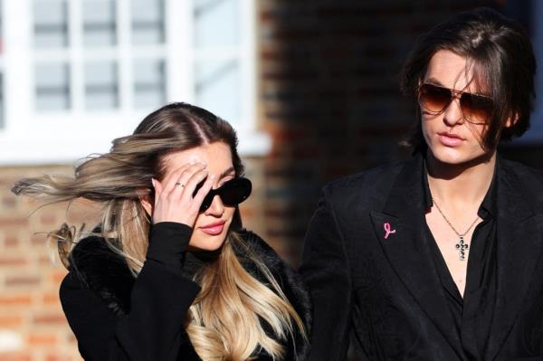 Actor and model Damian Hurley arrives with Kate Cassidy to attend the funeral of former One Direction singer Liam Payne at St. Mary's Church in Amersham, near London, Britain, November 20, 2024.
