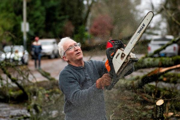 Mel Crawford using a chainsaw to cut a fallen tree.