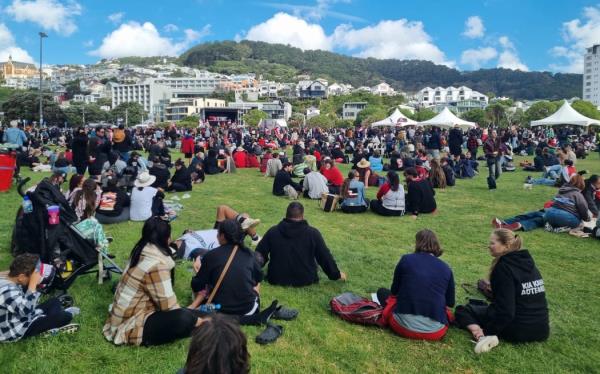 Protesters relax at Waitangi Park after te Hīkoi mō te tiriti reached Parliament.